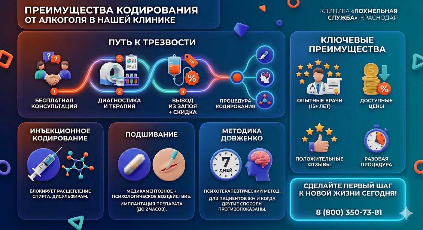 Инфографика о методах кодирования от алкоголя в Ковылкино: инъекции, подшивание, метод Довженко. Преимущества клиники и этапы лечения.